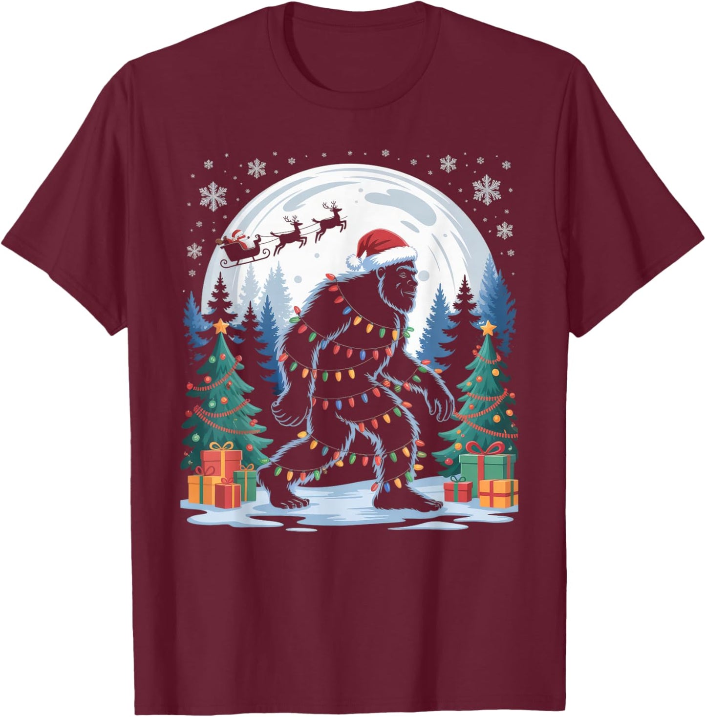 Santa Bigfoot Christmas Lights Funny Sasquatch Believe T-Shirt - T-Shirt | Maroon