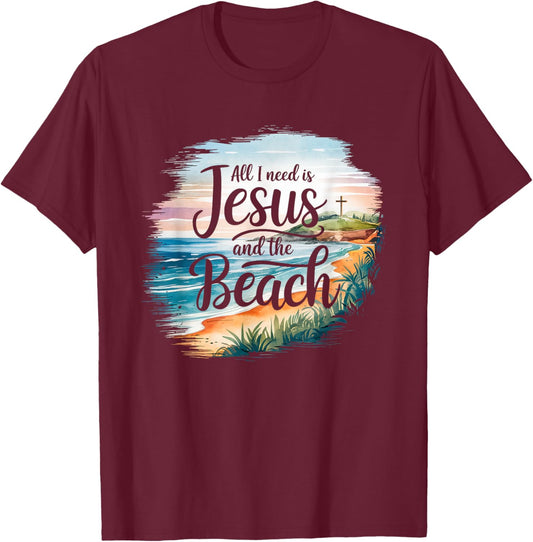 All I Need Jesus and The Beach Funny Christian Sun Vacation T-Shirt - T-Shirt | Maroon