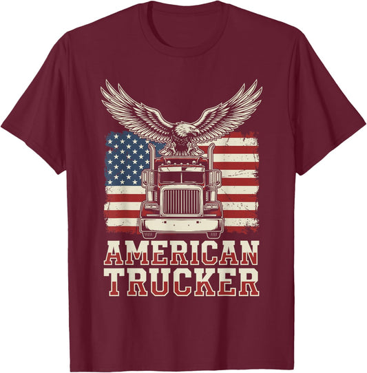 American Trucker Bald Eagle US Flag Patriotic Truck Driver T-Shirt - T-Shirt | Maroon