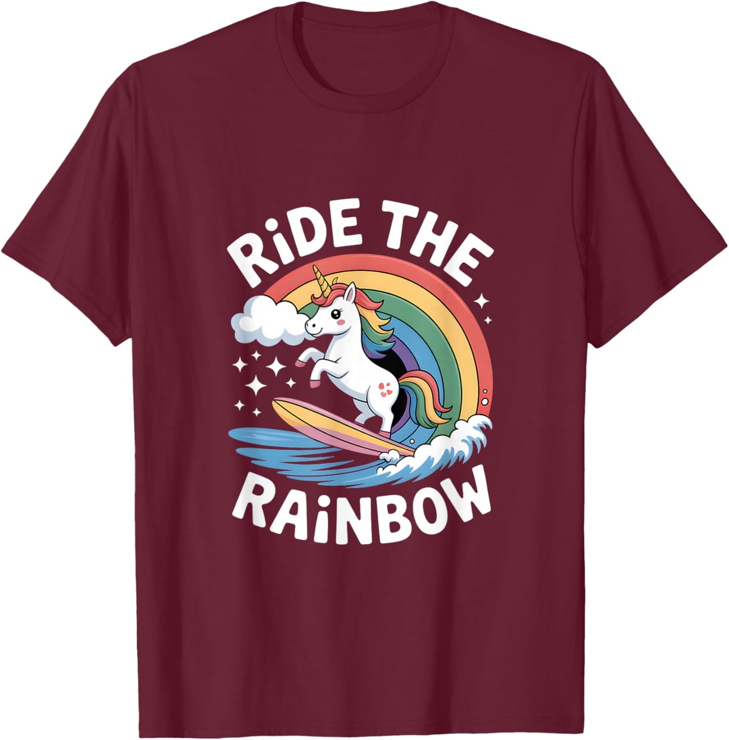 Ride The Rainbow Unicorn Surfboard Wave T-Shirt - T-Shirt | Maroon