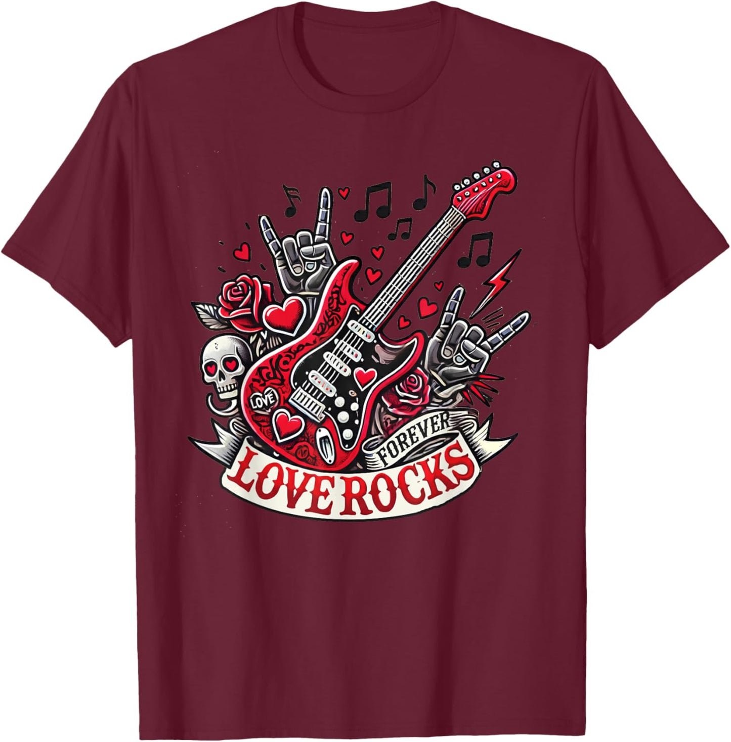 Valentine’s Rock & Roll Love Rocks for Couples Skulls Hearts T-Shirt - T-Shirt | Maroon