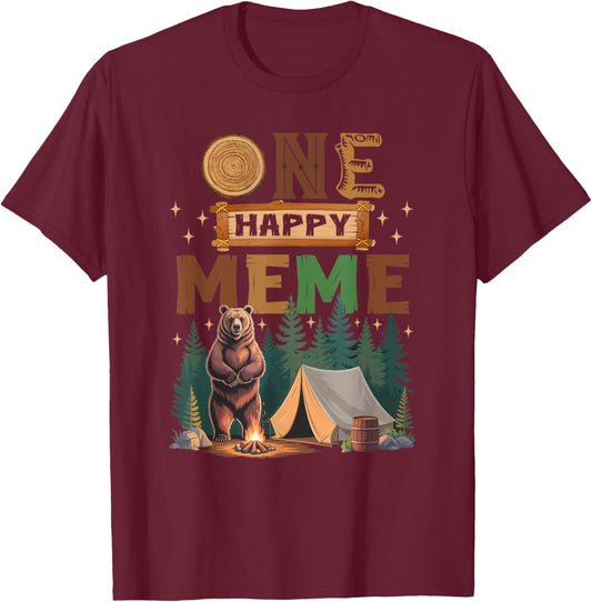 One Happy Meme Camper 1St Birthday Camping Bear T-Shirt - T-Shirt | Maroon