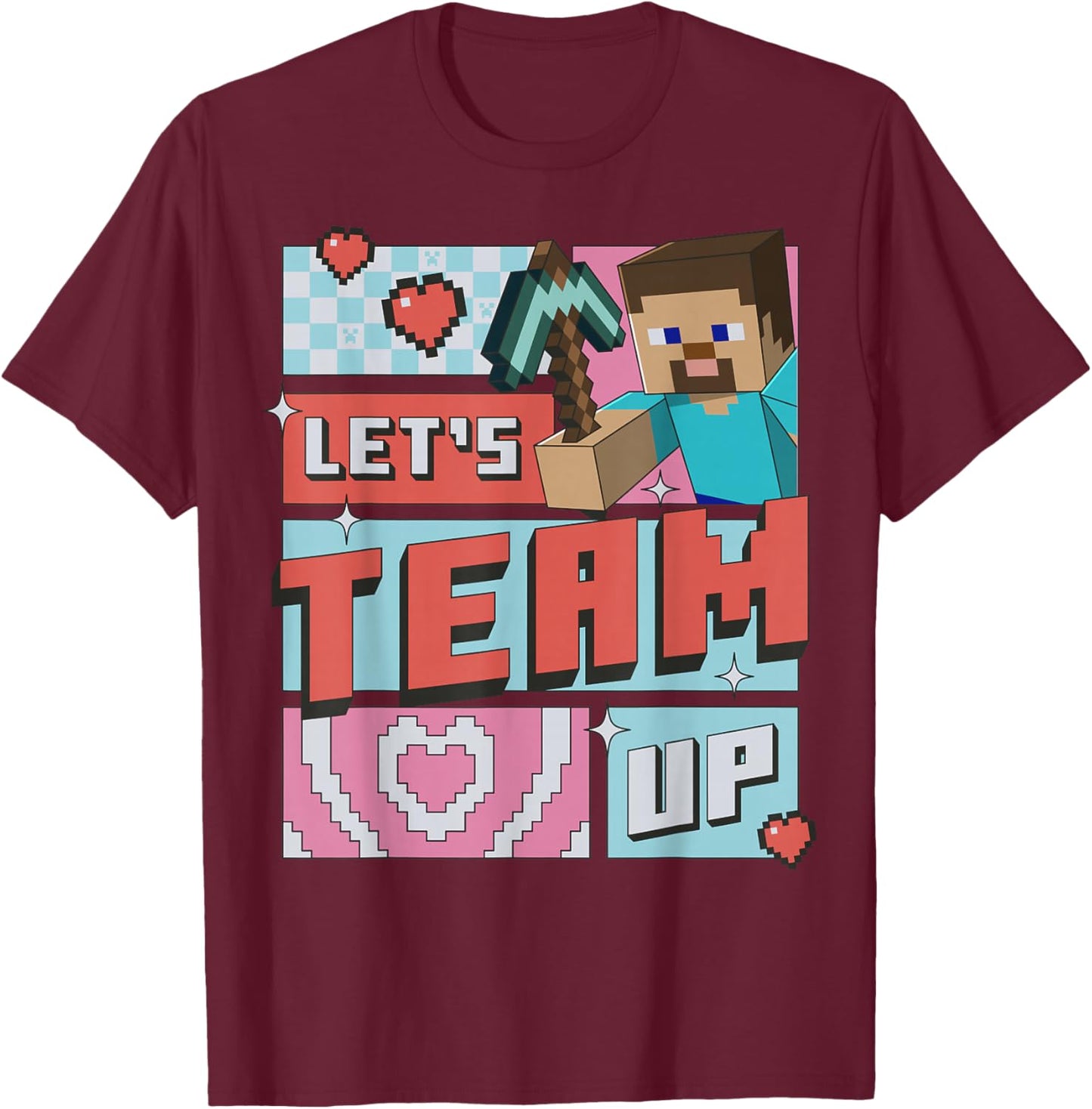 Minecraft Steve Team Up Retro Love T-Shirt - T-Shirt | Maroon