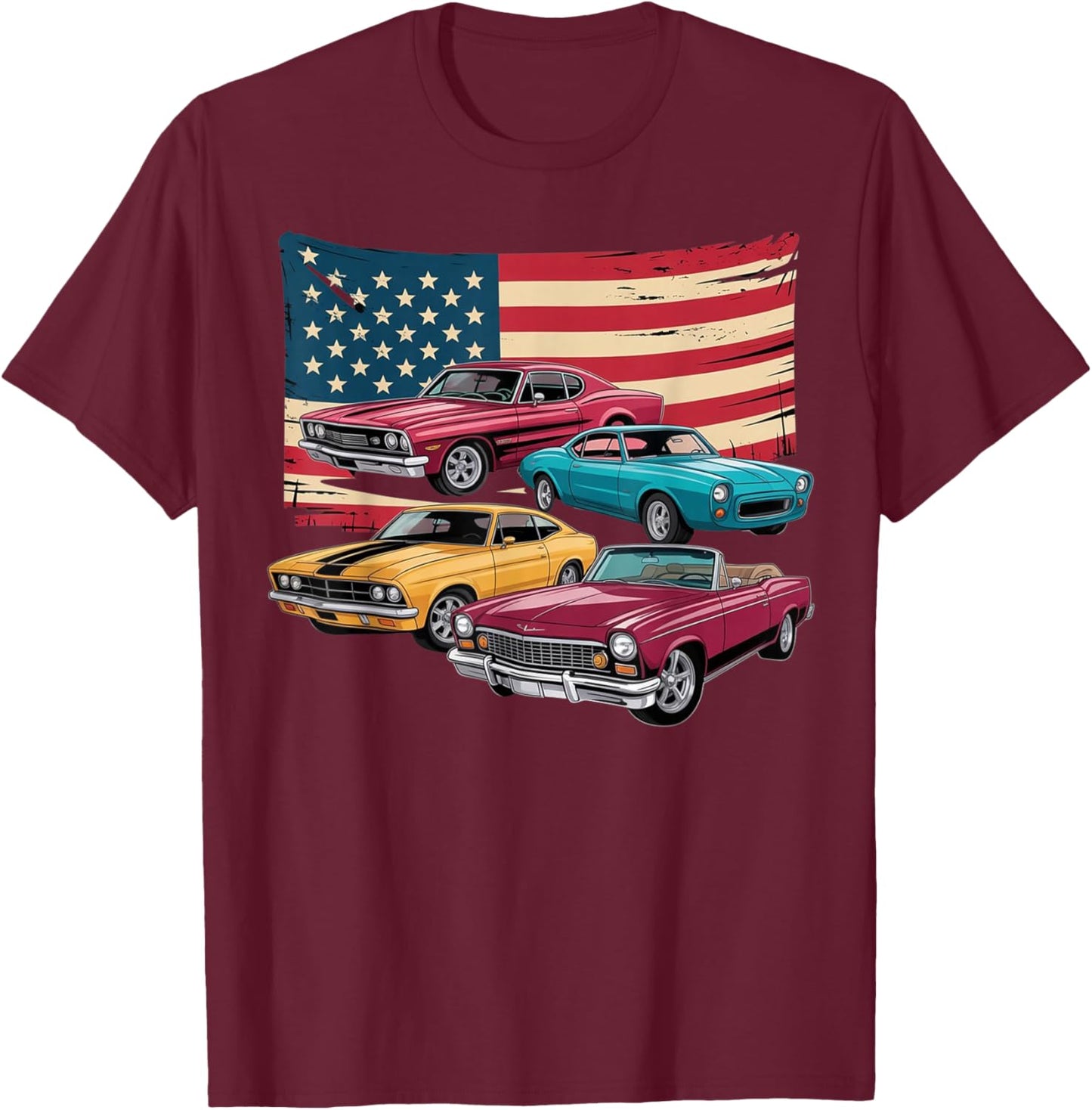 Patriotic American Flag Vintage Muscle Car T-Shirt - T-Shirt | Maroon