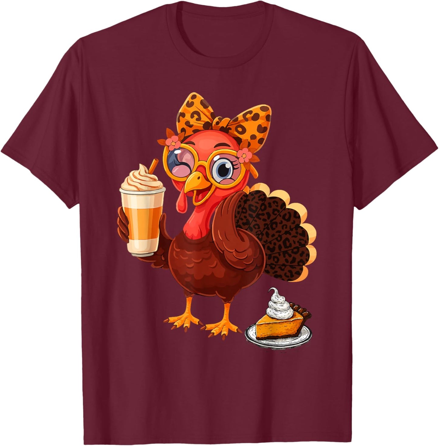 Thanksgiving Women Fall Turkey Drinking Coffee Leopard T-Shirt - T-Shirt | Maroon