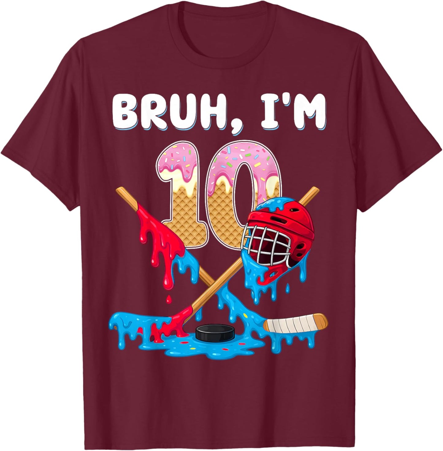 10 Years Old Hockey Ice Cream Drip Youth 10th Birthday Boys T-Shirt - T-Shirt | Maroon