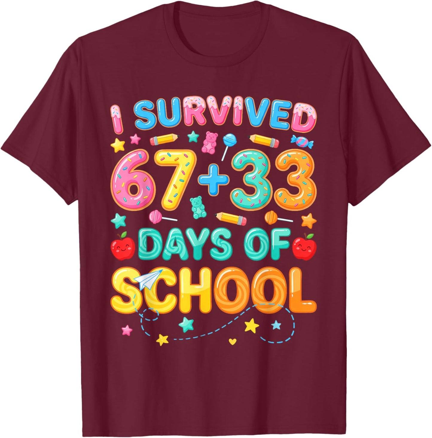 I Survived 67+33 Days of School 100 Days 6 7 Kids Boys Girls T-Shirt - T-Shirt | Maroon