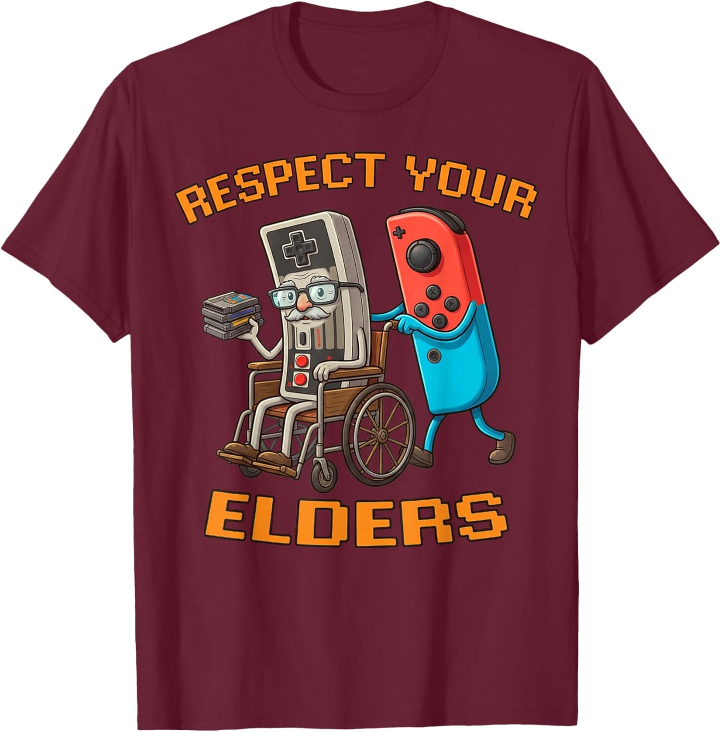 Funny Retro Meme Respect Your Elders Gamer Video Game T-Shirt - T-Shirt | Maroon