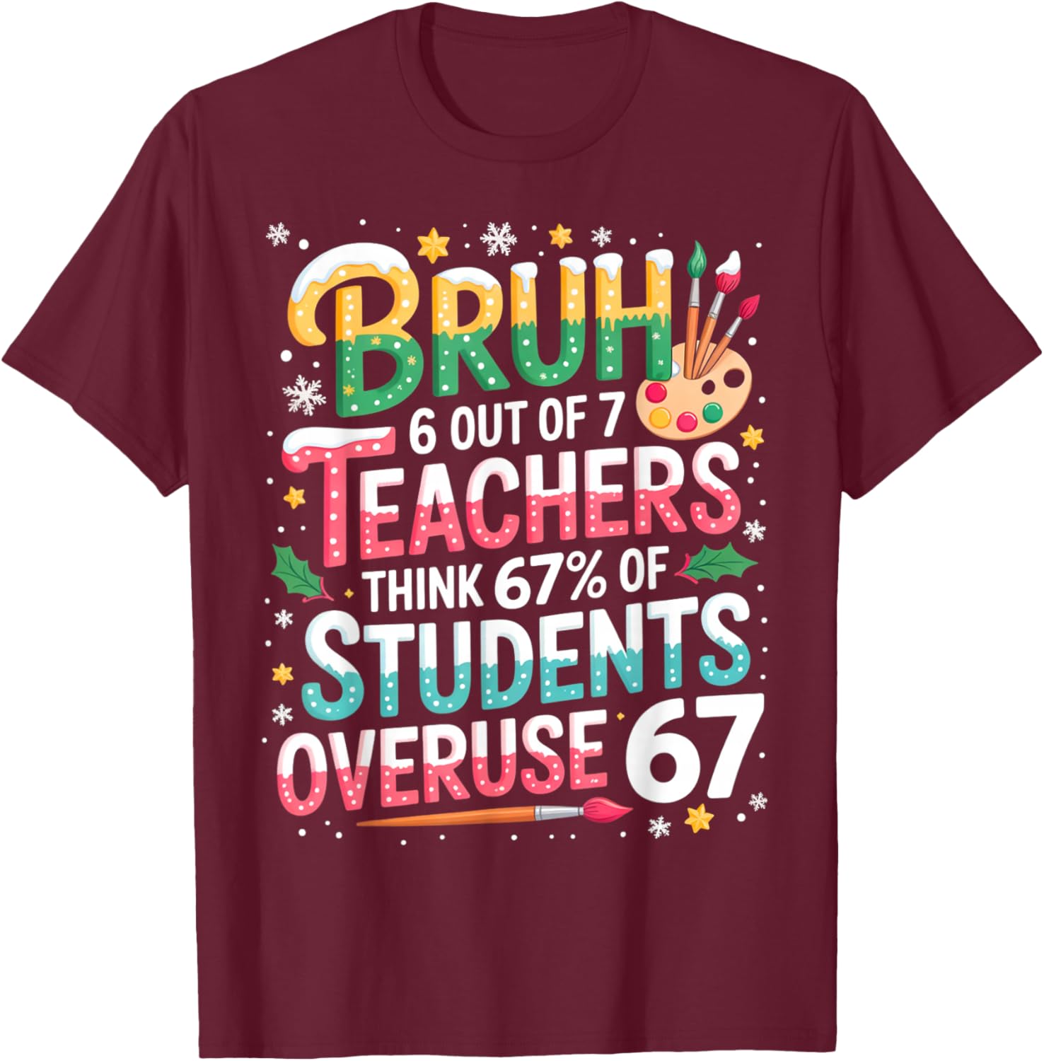 6 Out of 7 Teachers Think 67% of Students Overuse 67 Meme T-Shirt - T-Shirt | Maroon