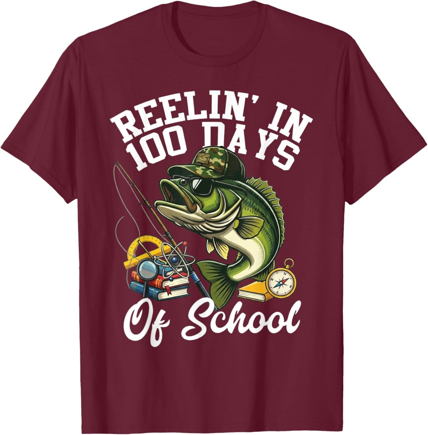 Reelin' in 100 Days of School Bass Camo Fishing Lover Boys T-Shirt - T-Shirt | Maroon