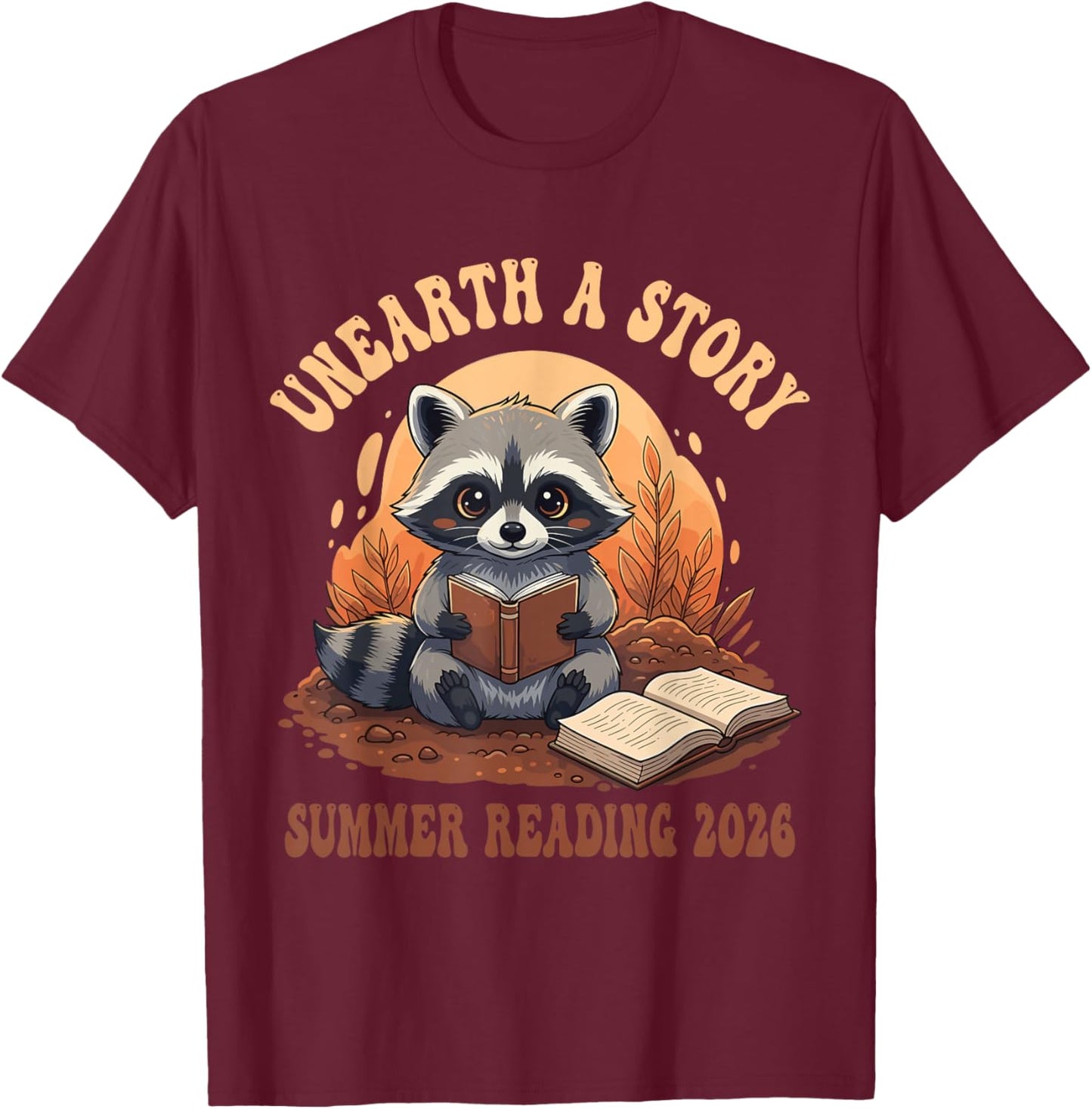 Unearth a Story Summer Reading 2026 Raccoon T-Shirt - T-Shirt | Maroon