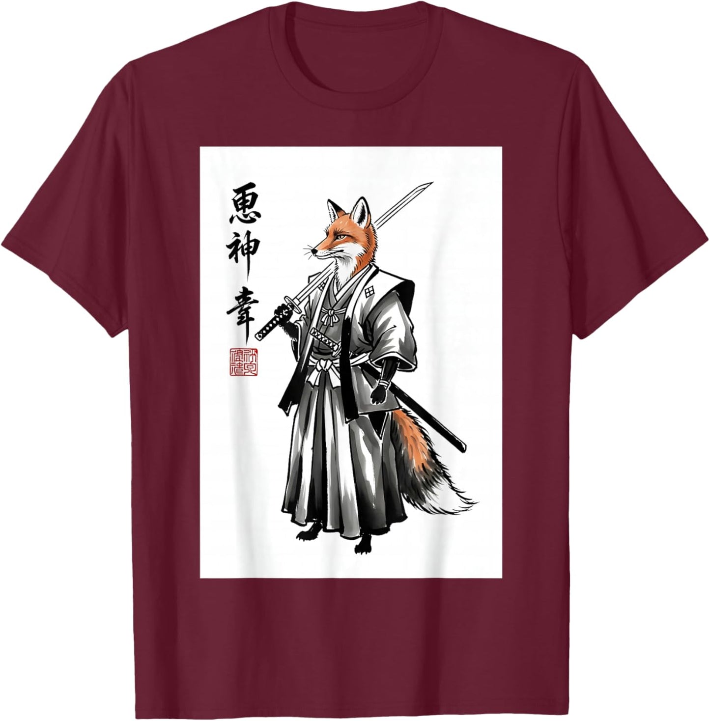 Japanese Anime Manga Style Martial Arts Sumi-e Samurai Fox T-Shirt - T-Shirt | Maroon