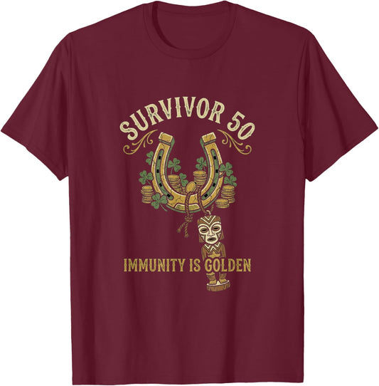 Survivor 50 Immunity Golden Horseshoe Tiki Idol St Patricks T-Shirt - T-Shirt | Maroon
