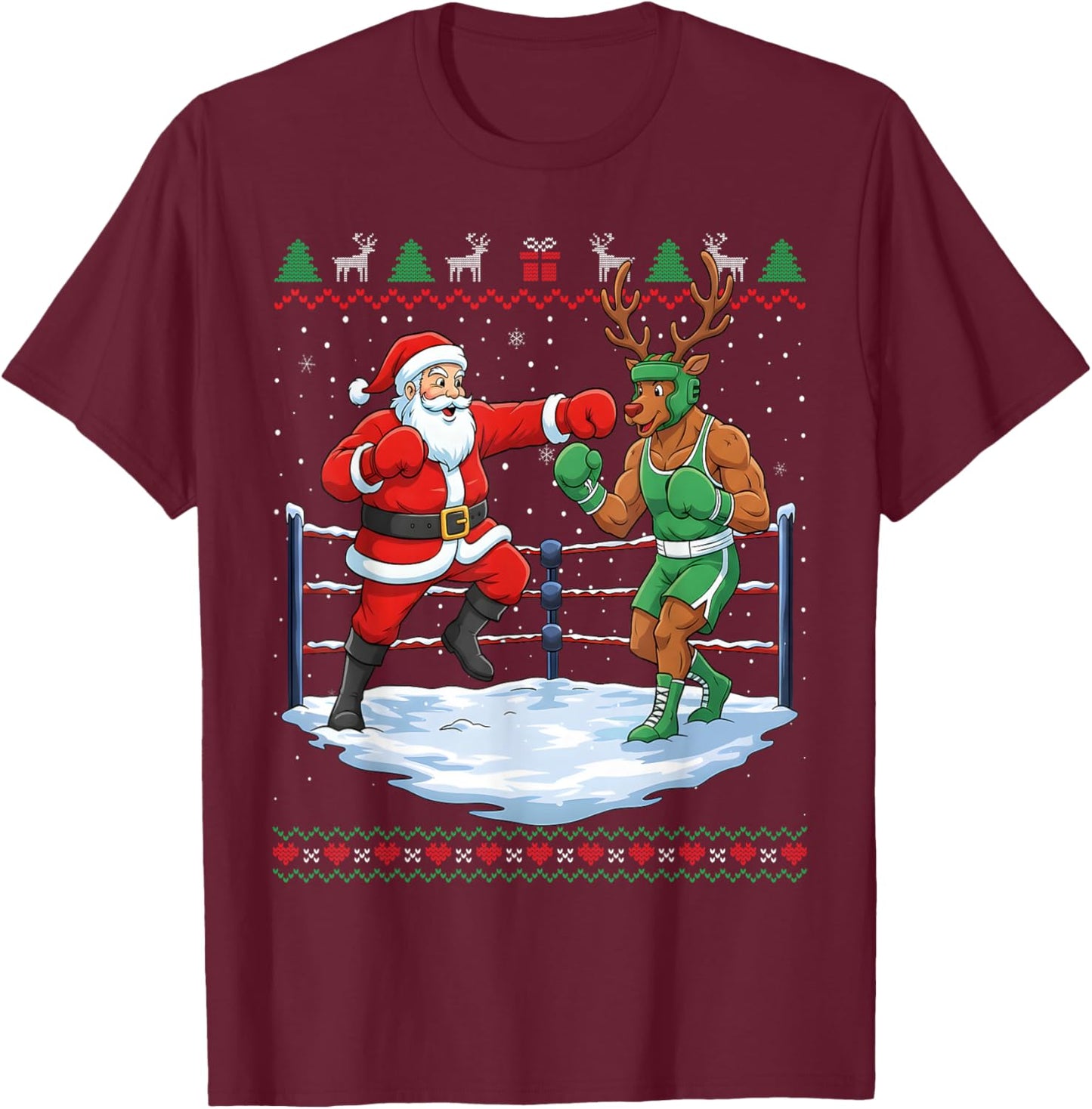 Funny Santa Boxing Christmas Reindeer Ugly Sweater T-Shirt - T-Shirt | Maroon