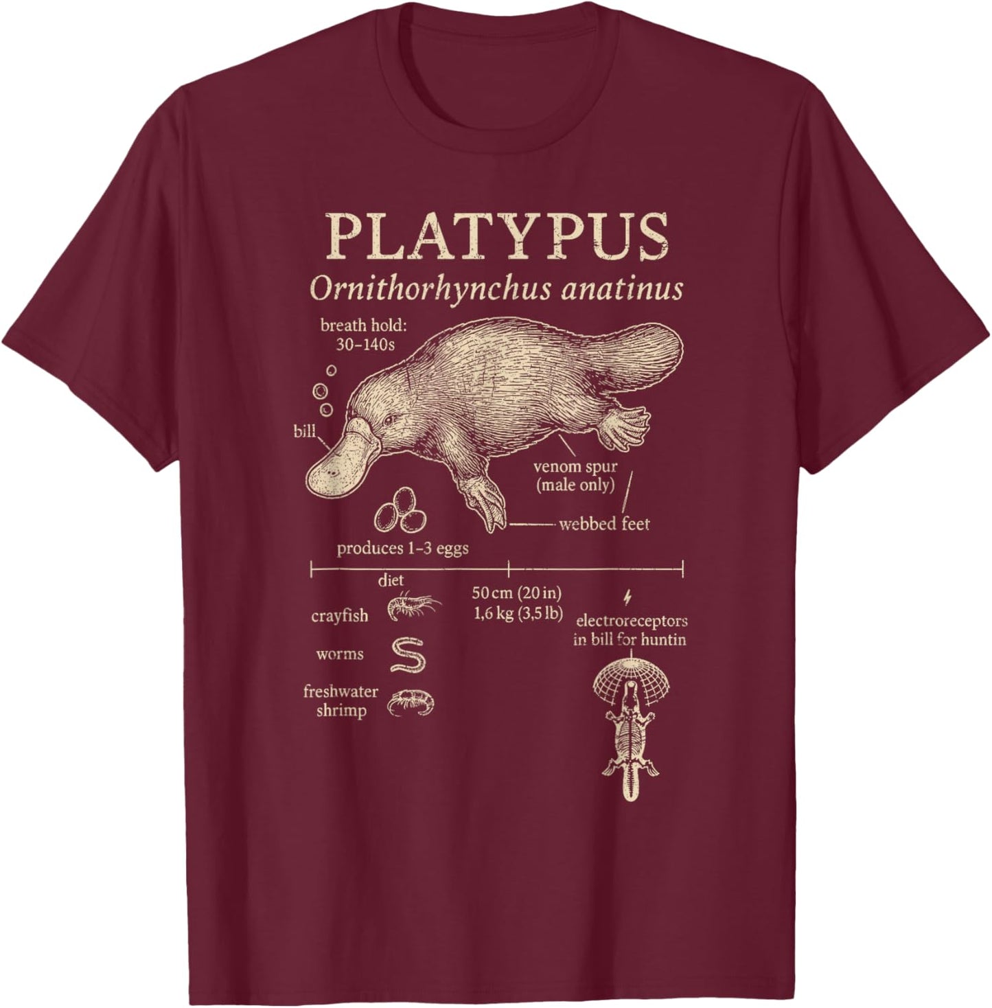 Platypus Anatomy Duck Billed Platypus Australia Wildlife T-Shirt - T-Shirt | Maroon