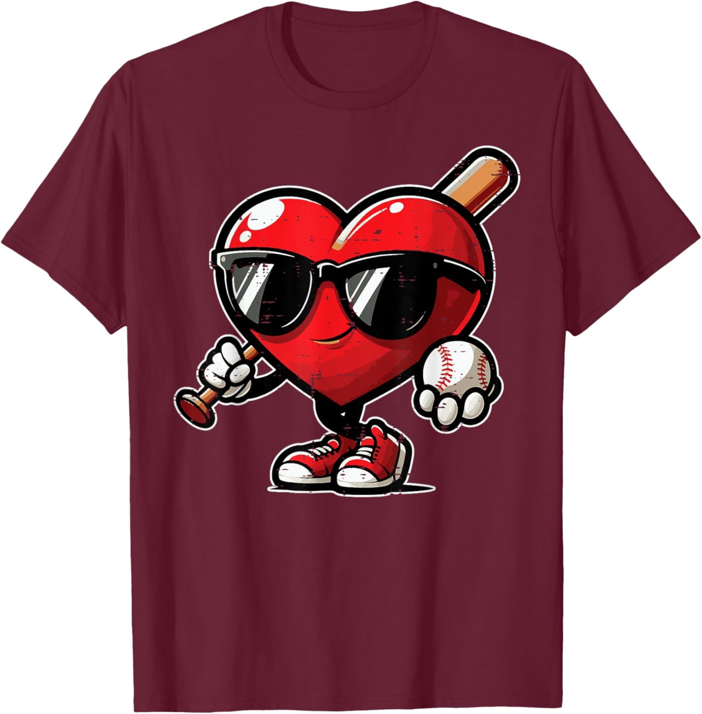 Valentines Day Baseball Heart Bat Sunglasses Men Boys Kids T-Shirt - T-Shirt | Maroon
