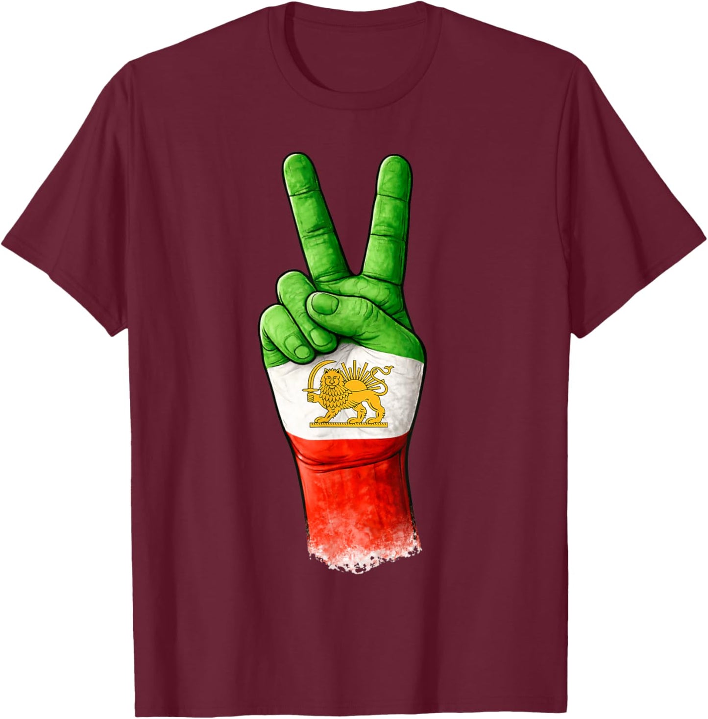 Iranian Freedom, Victory Hand with Iran Lion and Sun Flag T-Shirt - T-Shirt | Maroon