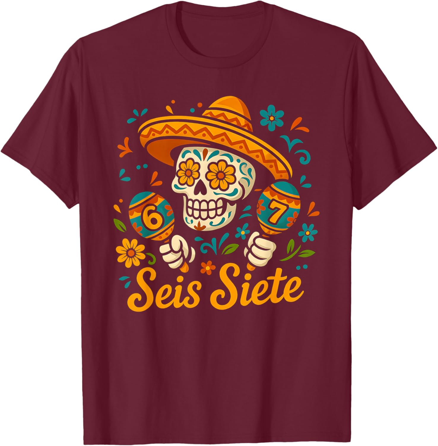 SEIS Siete Mexican Los Muertos Calaveras Sugar Skull 67 Boys T-Shirt - T-Shirt | Maroon