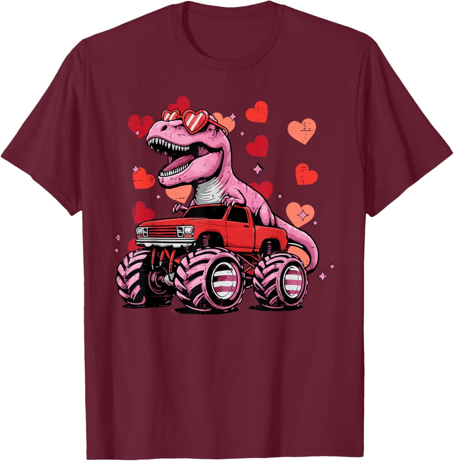 Monster Trex Dino Truck Valentines Day Kids Toddler Boys T-Shirt - T-Shirt | Maroon