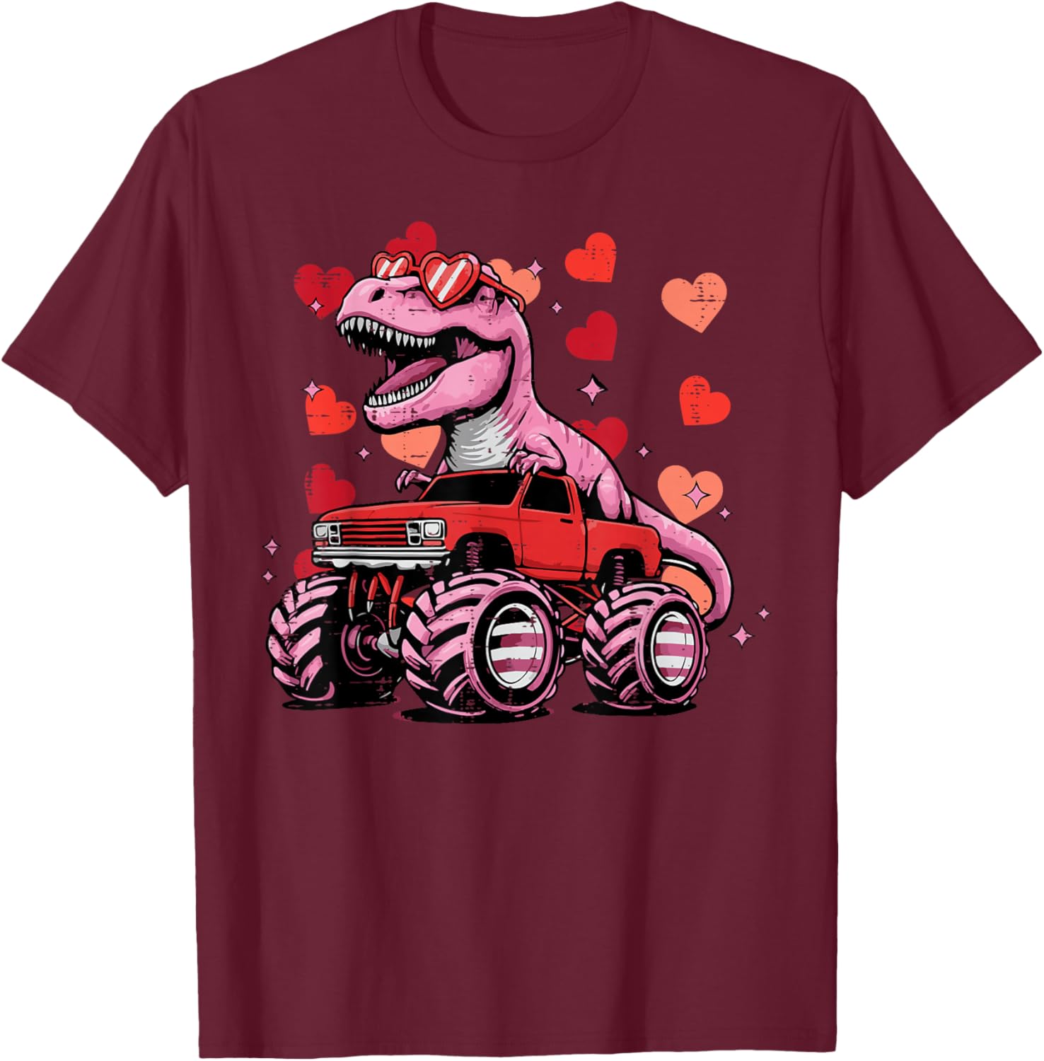 Monster Trex Dino Truck Valentines Day Kids Toddler Boys T-Shirt - T-Shirt | Maroon