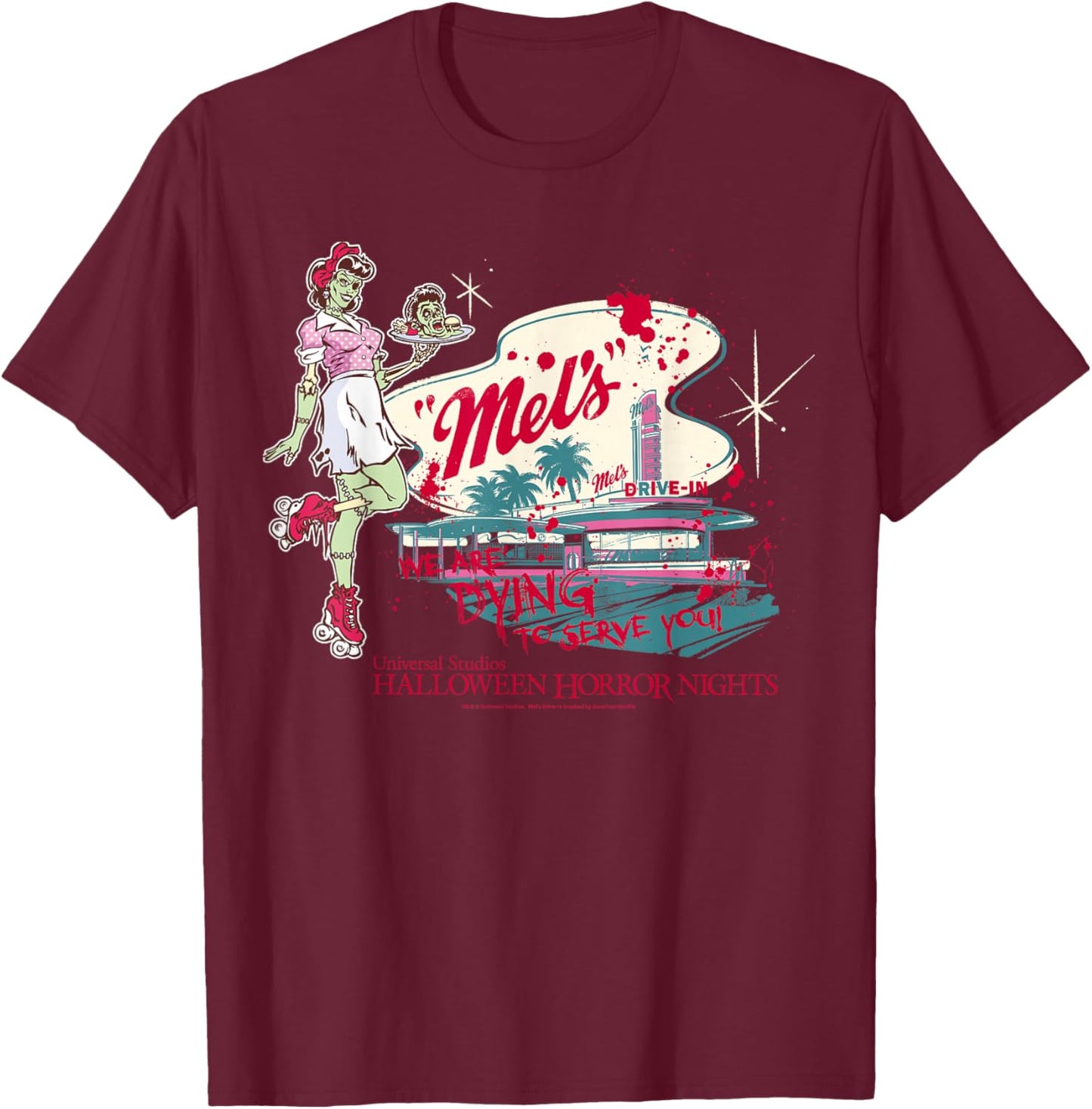 Halloween Horror Nights Mel’s Drive-in Zombie Carhop T-Shirt - T-Shirt | Maroon