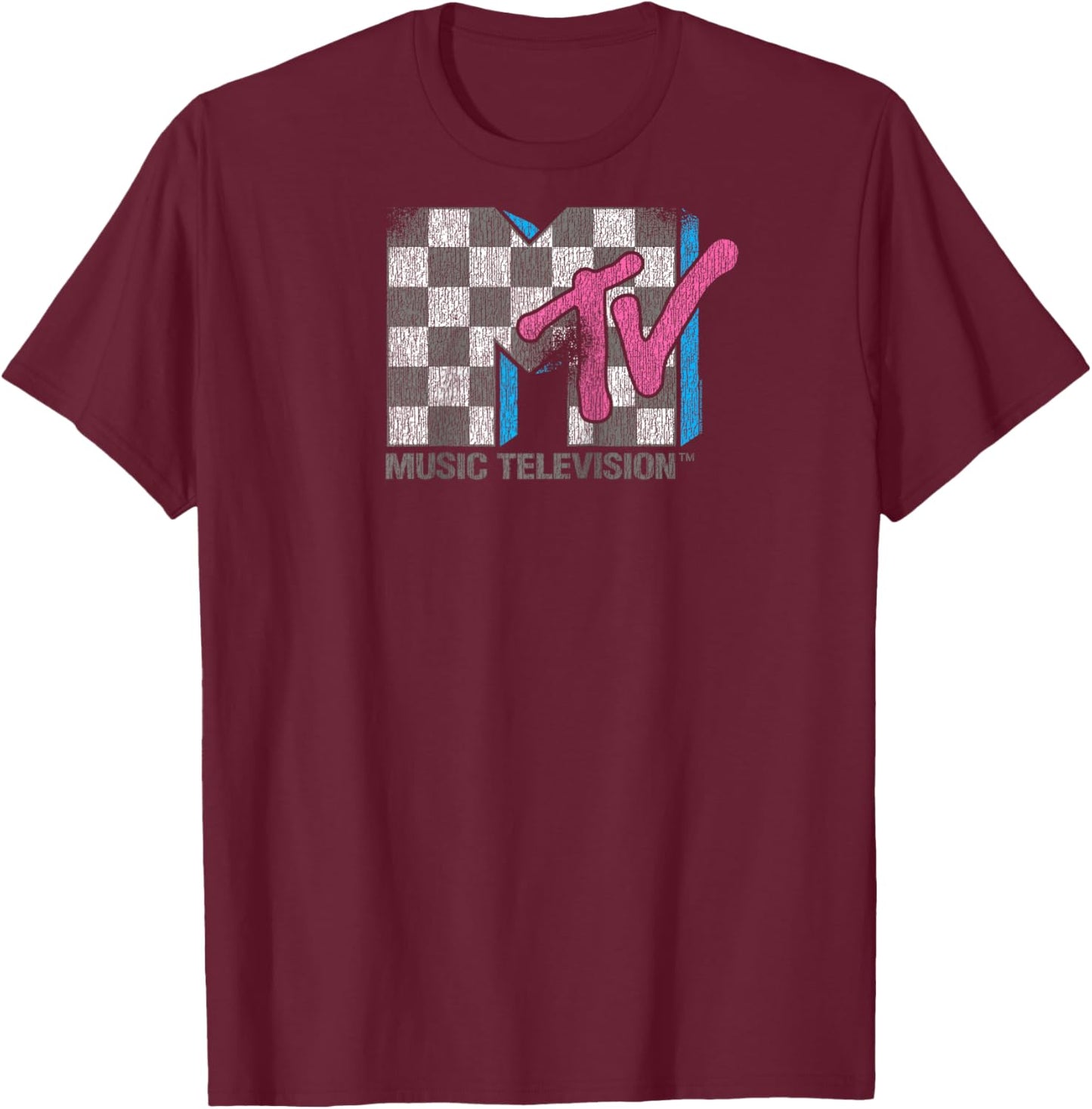 MTV Distressed Vintage Checkerboard Logo Music Television Raglan Baseball T-Shirt - T-Shirt | Maroon