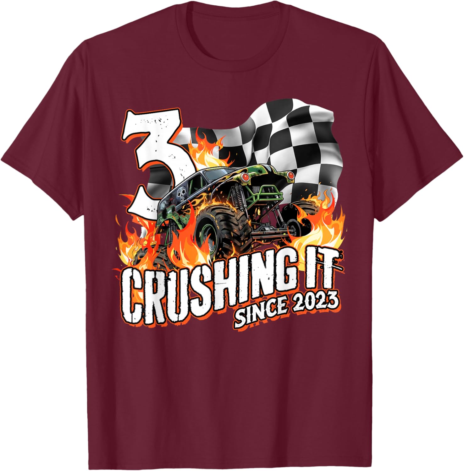 Birthday Monster Truck 3 Years Old Boys 3rd Party Born 2023 T-Shirt - T-Shirt | Maroon