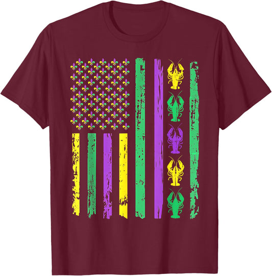 Carnival Mardi Gras USA American Flag Crawfish Parade Outfit T-Shirt - T-Shirt | Maroon