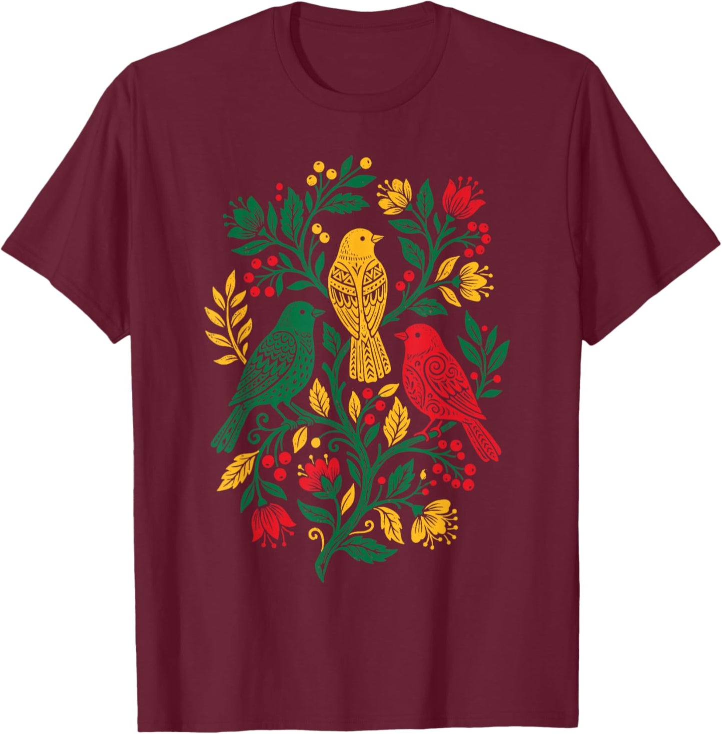 Rasta Reggae Roots Three Birds Jamaica Folk Art Floral T-Shirt - T-Shirt | Maroon