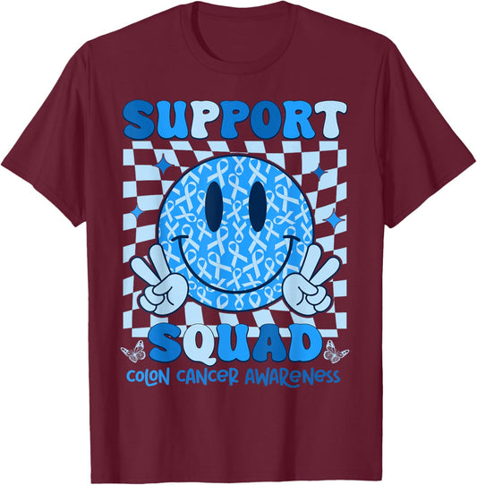 Retro Support Squad Blue Ribbon Colon Cancer Awareness T-Shirt - T-Shirt | Maroon