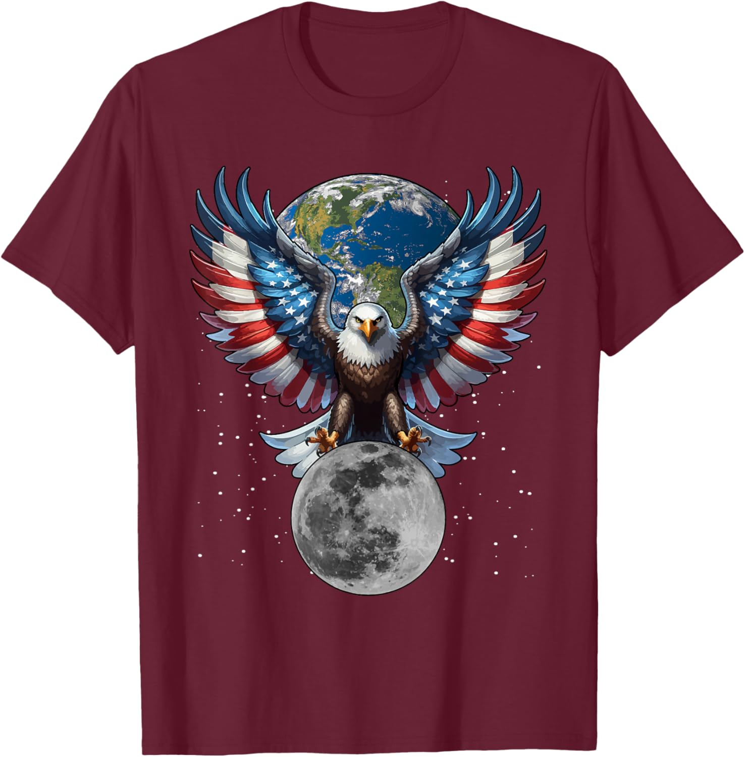 Patriotic USA Eagle with The Earth and Moon Design T-Shirt - T-Shirt | Maroon