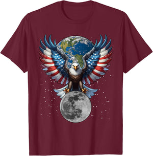 Patriotic USA Eagle with The Earth and Moon Design T-Shirt - T-Shirt | Maroon
