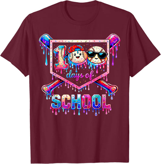 100 Days of School Baseball Drip Boys Gifts Kids T-Shirt - T-Shirt | Maroon