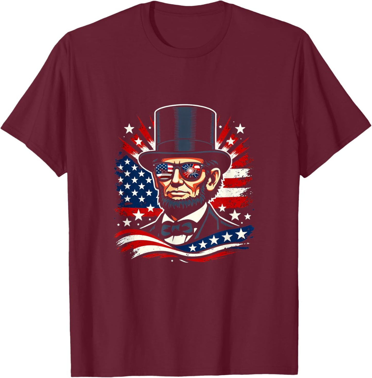 Abraham Lincoln Flag Sunglasses Patriotic Fireworks USA T-Shirt - T-Shirt | Maroon