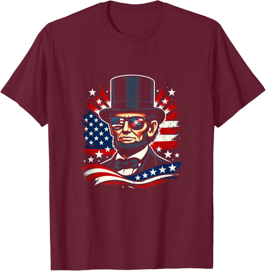 Abraham Lincoln Flag Sunglasses Patriotic Fireworks USA T-Shirt - T-Shirt | Maroon