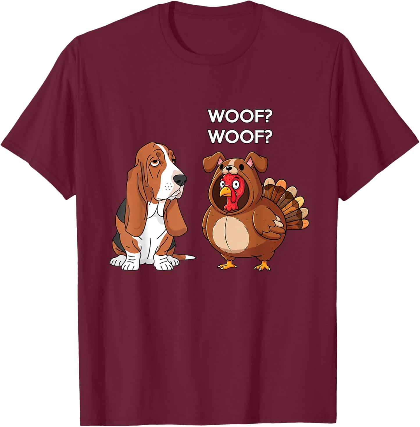 Funny Thanksgiving Basset Hound and Turkey T-Shirt - T-Shirt | Maroon