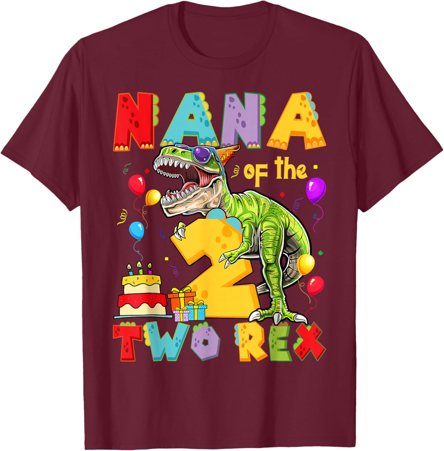 Nana of The Two Rex 2nd Birthday Boy Dinosaur T-Rex T-Shirt - T-Shirt | Maroon