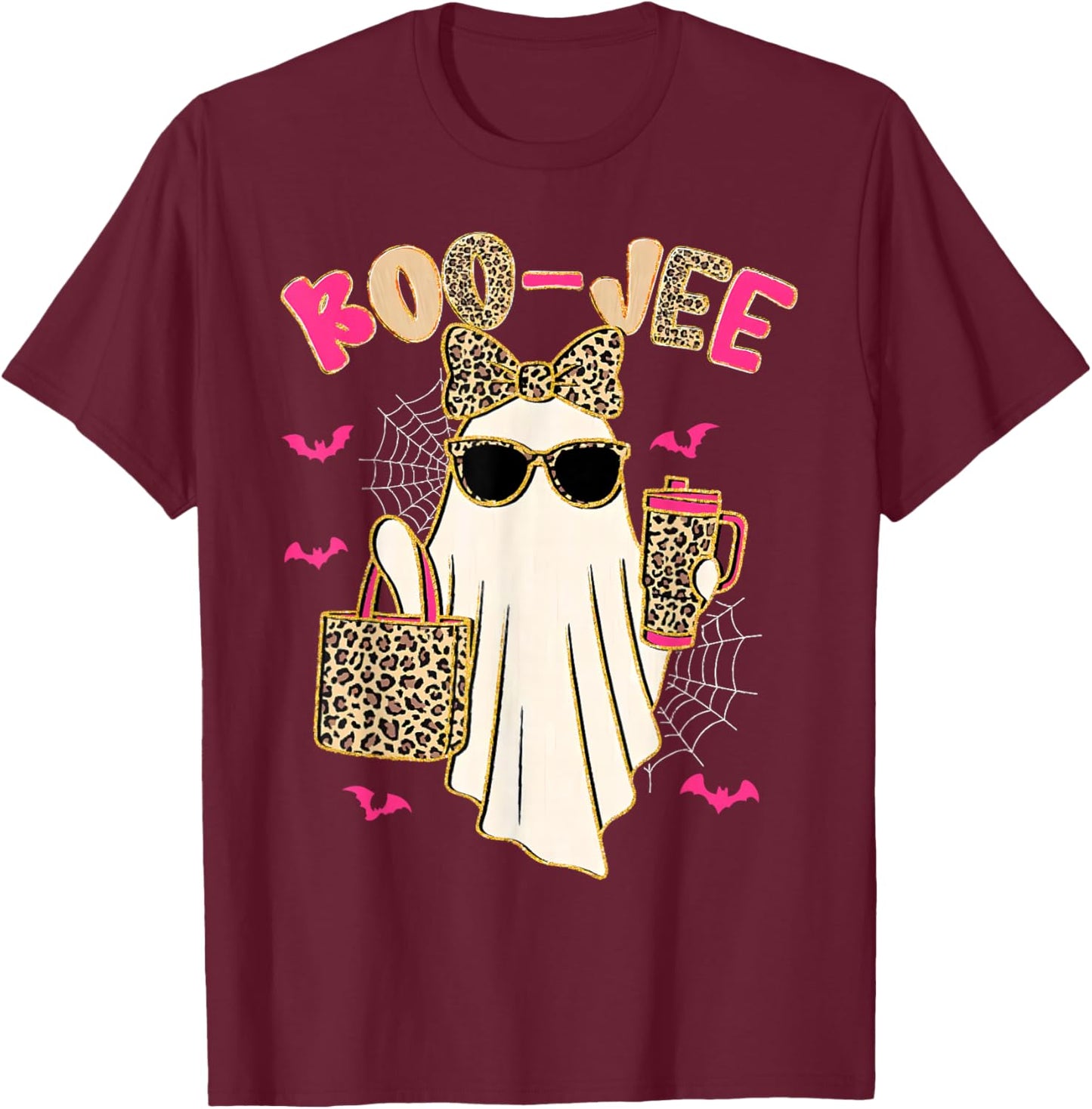 Boo JEE Boujee Leopard Ghost Halloween October Vibes T-Shirt - T-Shirt | Maroon