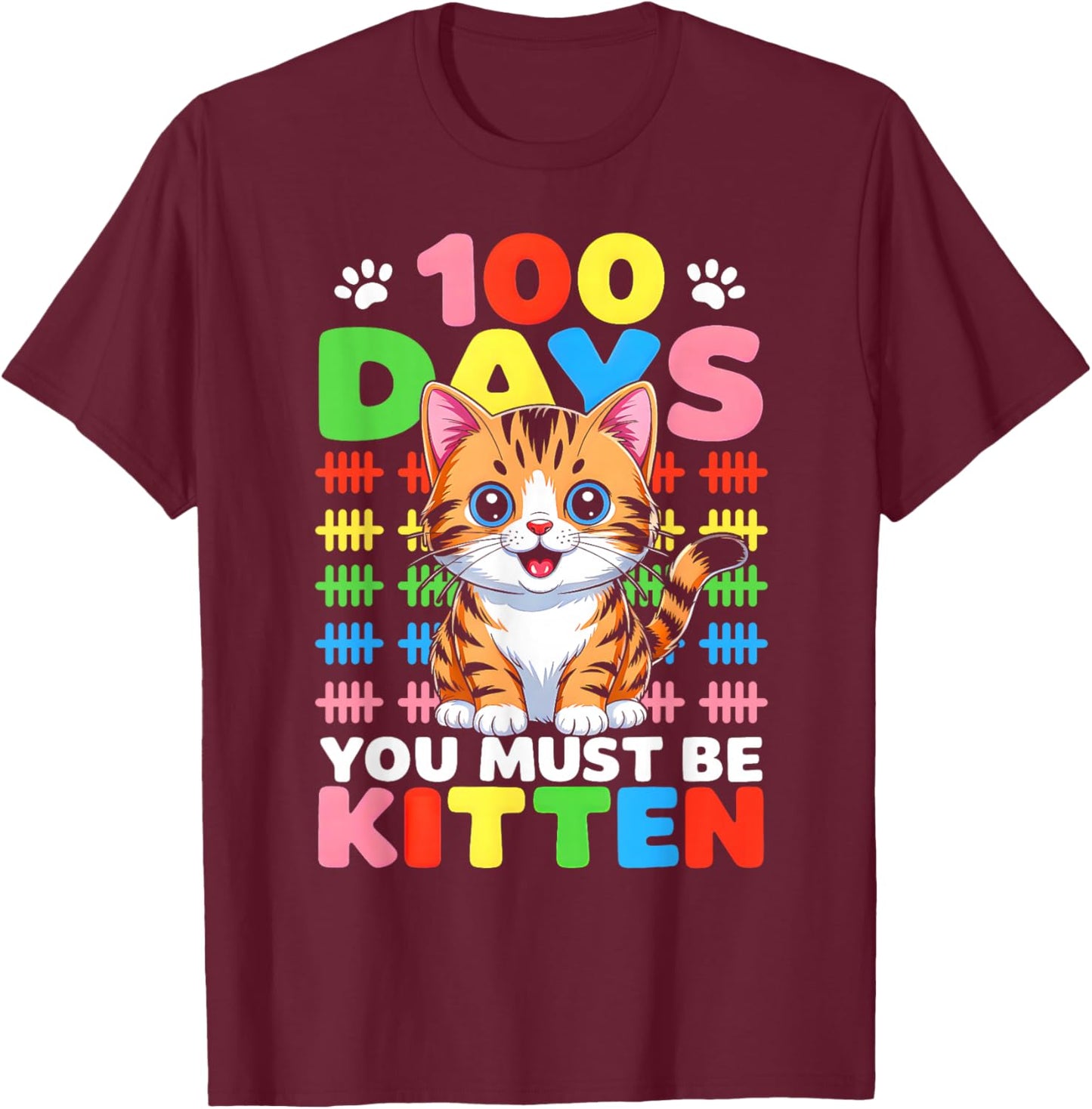 Cute Cat 100 Days of School Girls Kids 100th Day of School T-Shirt - T-Shirt | Maroon