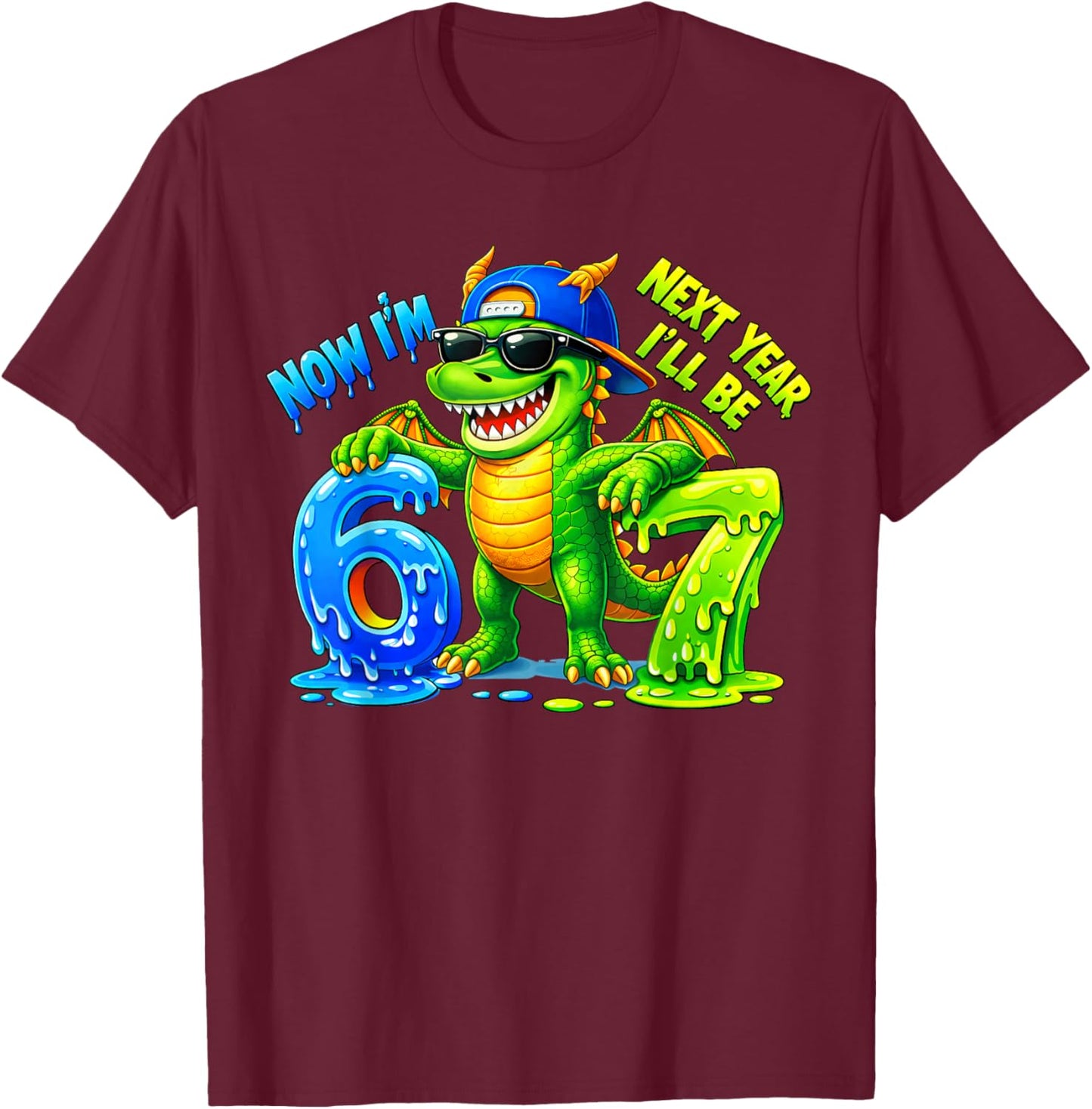 6th Birthday Dragon drip Kids Boys Girls 6 Year Old Party T-Shirt - T-Shirt | Maroon