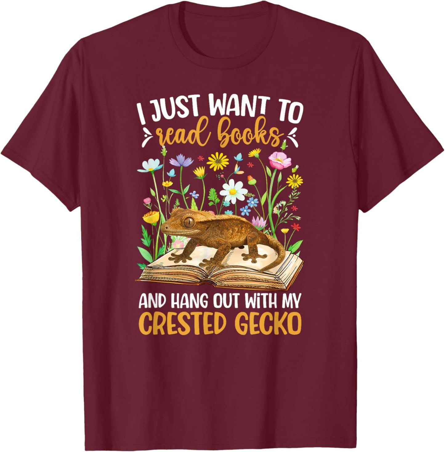 Books and Crested Gecko Owner Crestie Lover T-Shirt - T-Shirt | Maroon