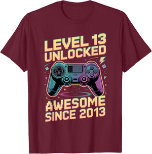 13th Birthday Boy Gift Level 13 Gamer 2013 13 Year Old Party T-Shirt - T-Shirt | Maroon