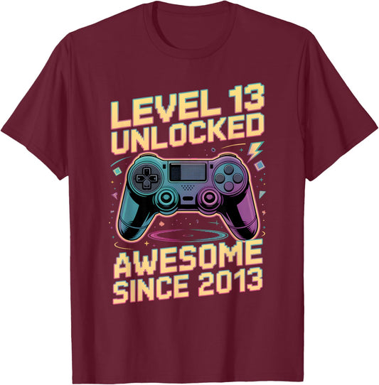 13th Birthday Boy Gift Level 13 Gamer 2013 13 Year Old Party T-Shirt - T-Shirt | Maroon