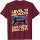 13th Birthday Boy Gift Level 13 Gamer 2013 13 Year Old Party T-Shirt - T-Shirt | Maroon