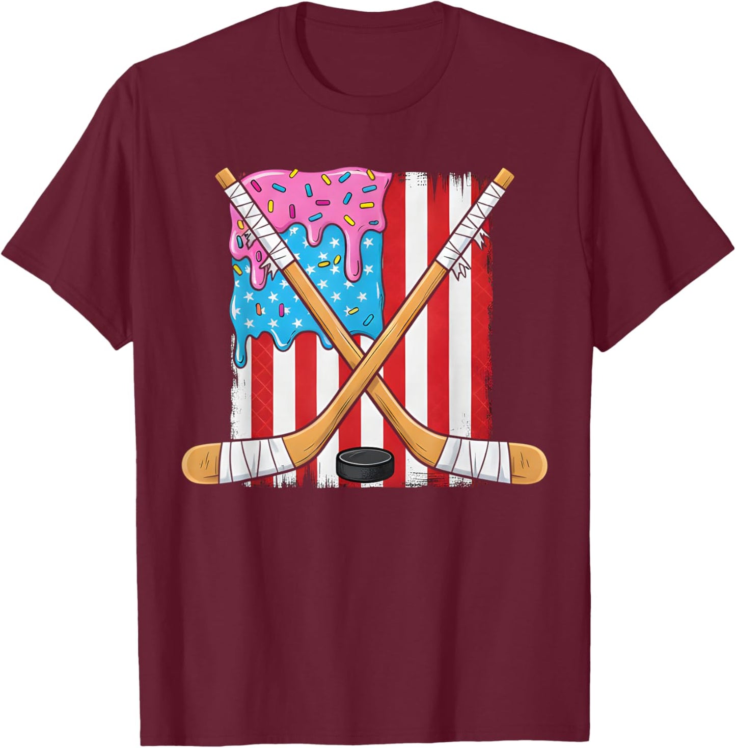 Ice Hockey Ice Cream Drip Boys American Flag Youth Players T-Shirt - T-Shirt | Maroon