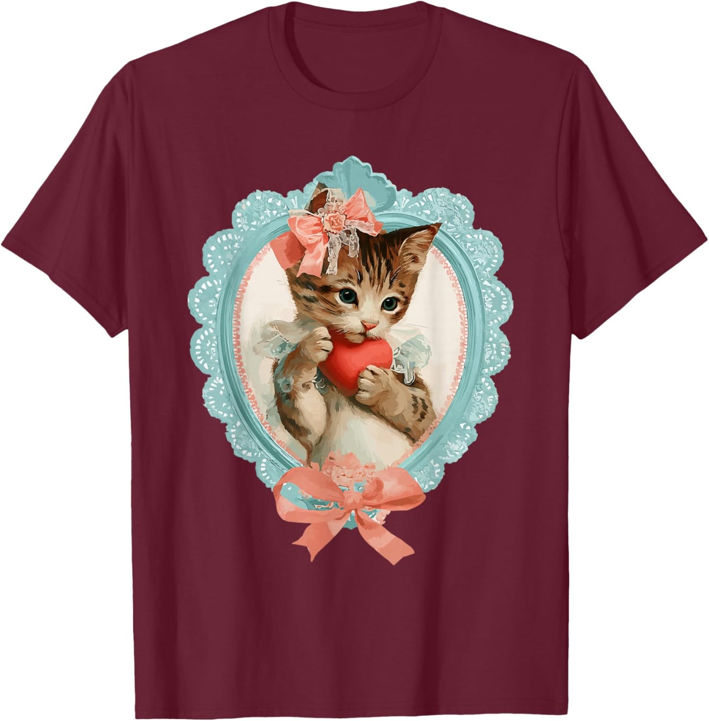 Cute Tabby Cat Valentine Kitty with Heart Vintage Coquette T-Shirt - T-Shirt | Maroon