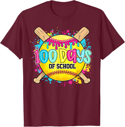 100 Drippy Days of School Softball Dripping 100th Day Girls T-Shirt - T-Shirt | Maroon