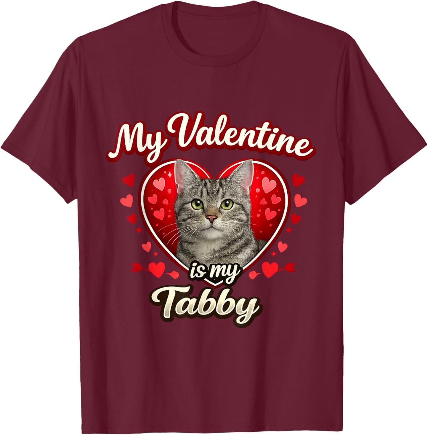 Gray Tabby Cat Valentine Hearts Feline Love Gift T-Shirt - T-Shirt | Maroon