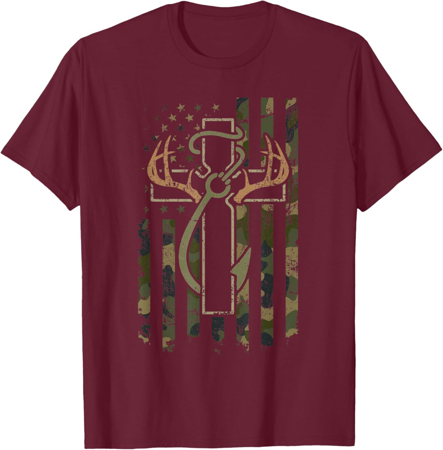 Faith Fishing Hunting Camo Us Flag Cross with Hook Christian T-Shirt - T-Shirt | Maroon