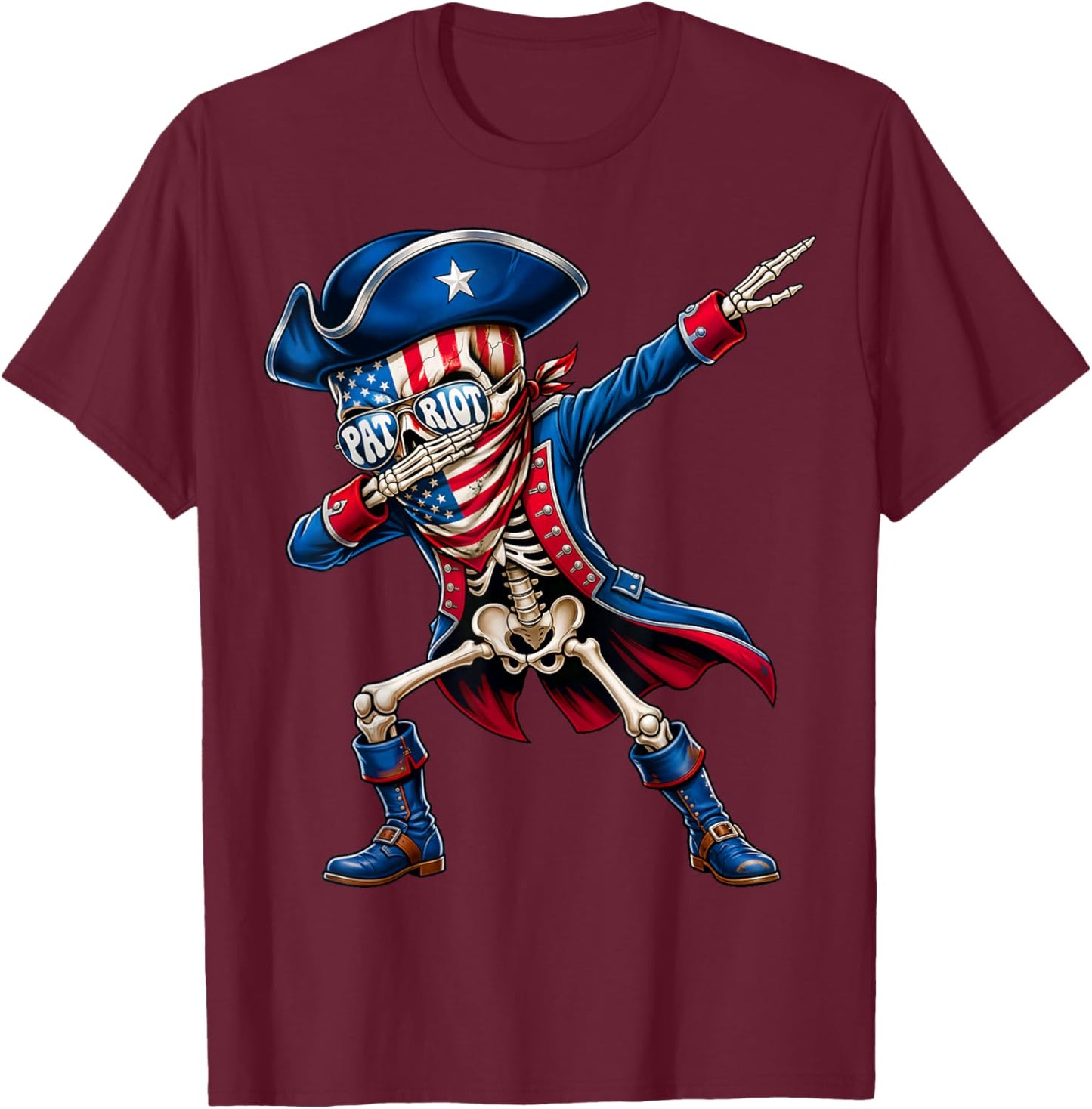 Patriotic Skeleton Dabbing American Flag USA Men Women Kids T-Shirt - T-Shirt | Maroon